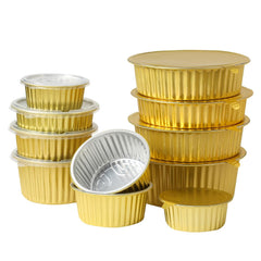 Foiltrust high-quality gold round aluminum foil food containers with lids, perfect for catering and retail.