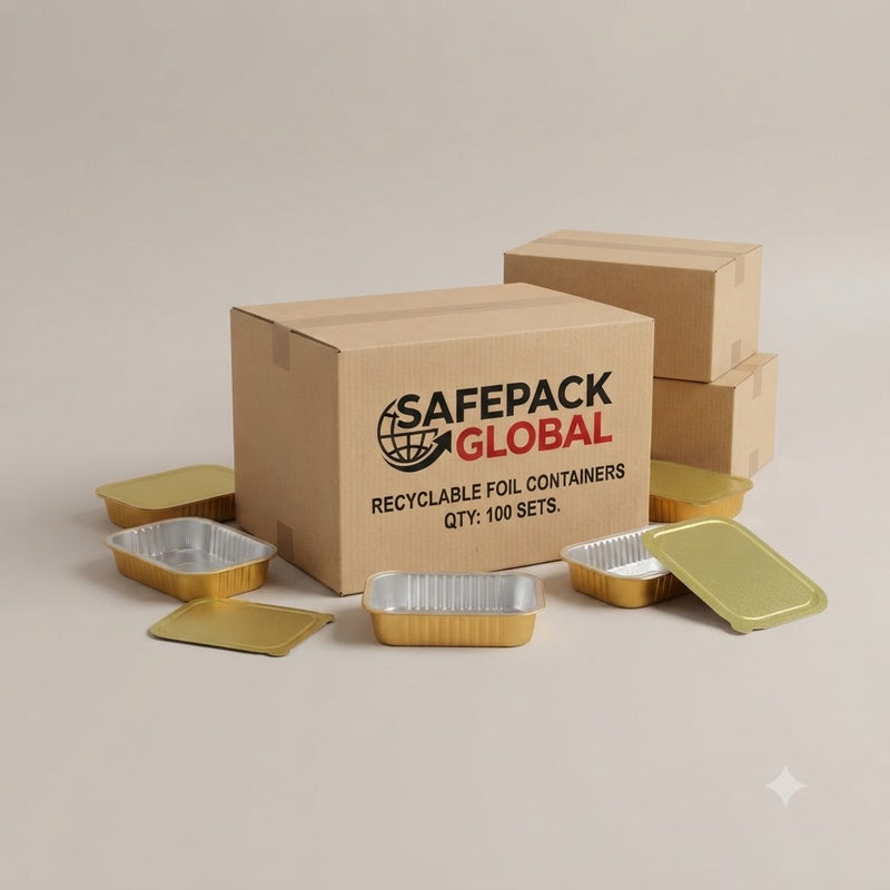 A cardboard box printed with the brand name 'SAFEPACK GLOBAL' and text reading 'RECYCABLE FOIL CONTAINERS QTY: 100 SETS.' is shown on a light beige studio background, surrounded by several small foil trays and lids in gold and silver aluminum.