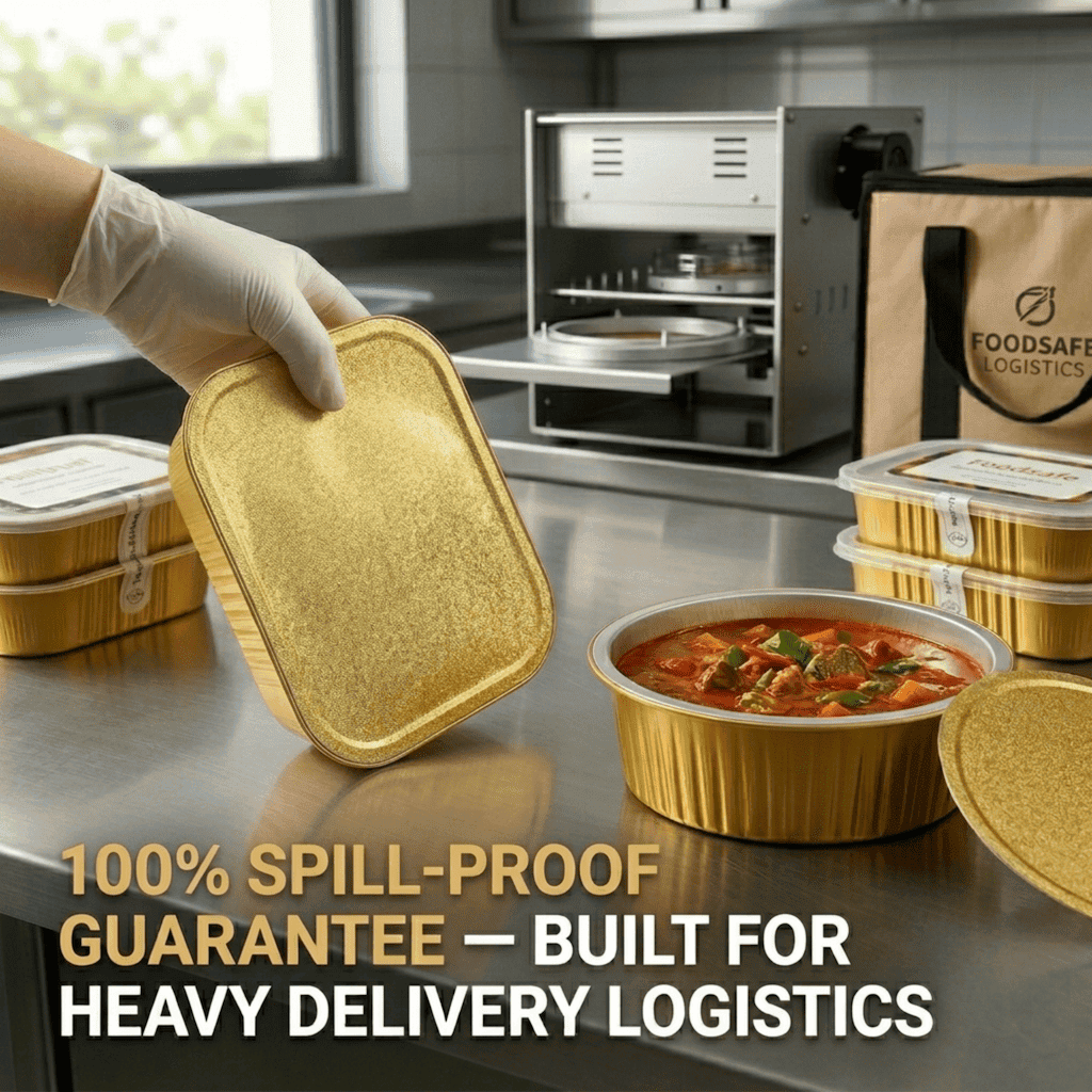 Foiltrust 100% spill-proof aluminum food container built for heavy delivery logistics