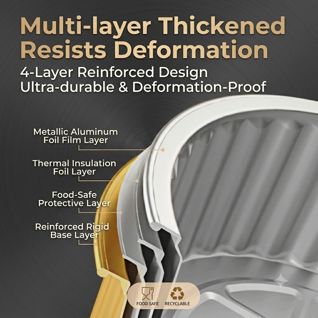 4-layer reinforced design of Foiltrust aluminum food containers, featuring metallic aluminum film, thermal insulation, food-safe protective layer, and a rigid base layer for deformation resistance.