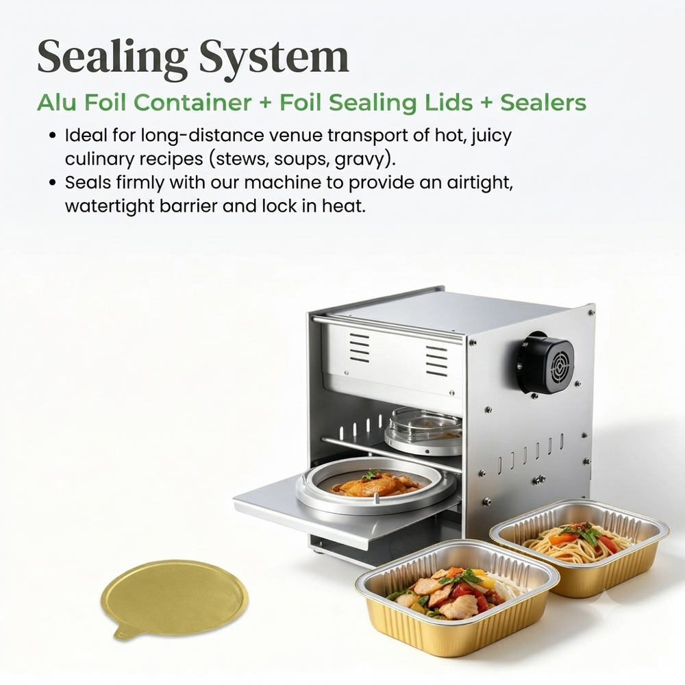 Foiltrust sealing system including alu foil containers and sealing machine, ideal for long-distance transport of hot, liquid food recipes like soups and stews.