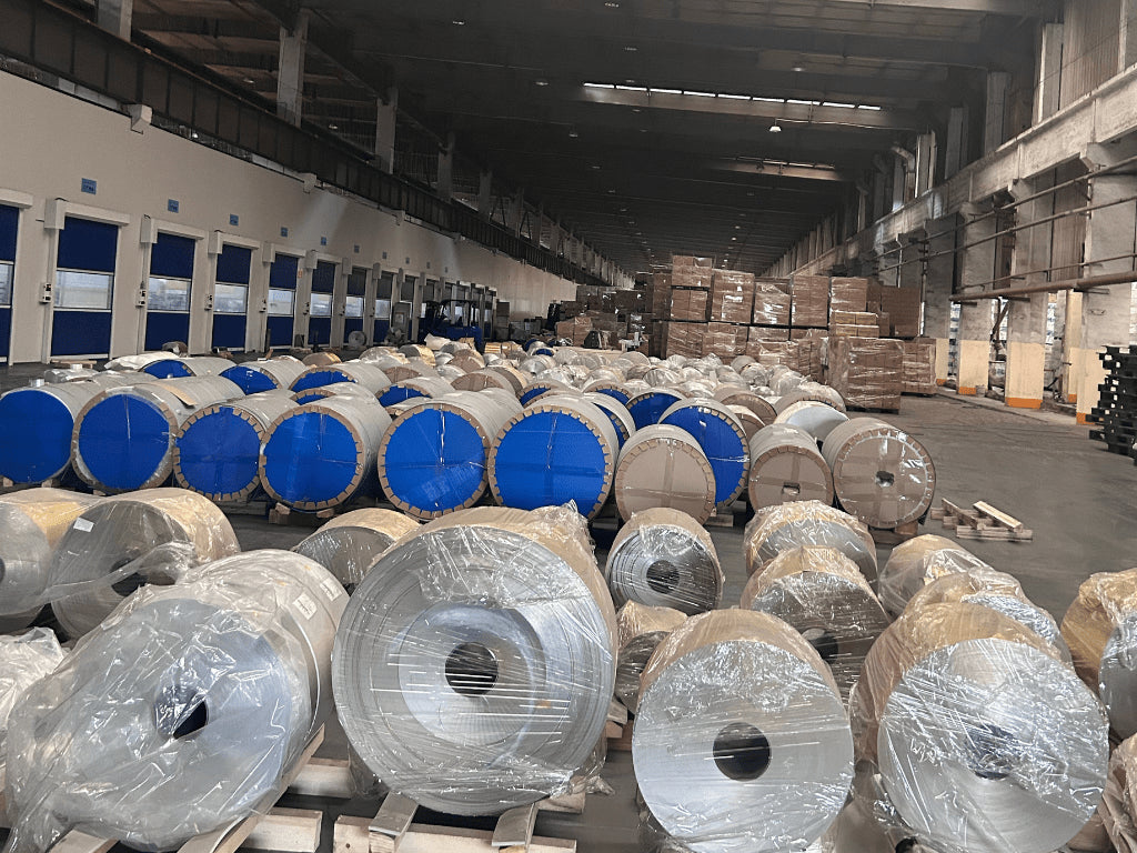 Raw material stock of high-quality aluminum foil rolls at Foiltrust factory