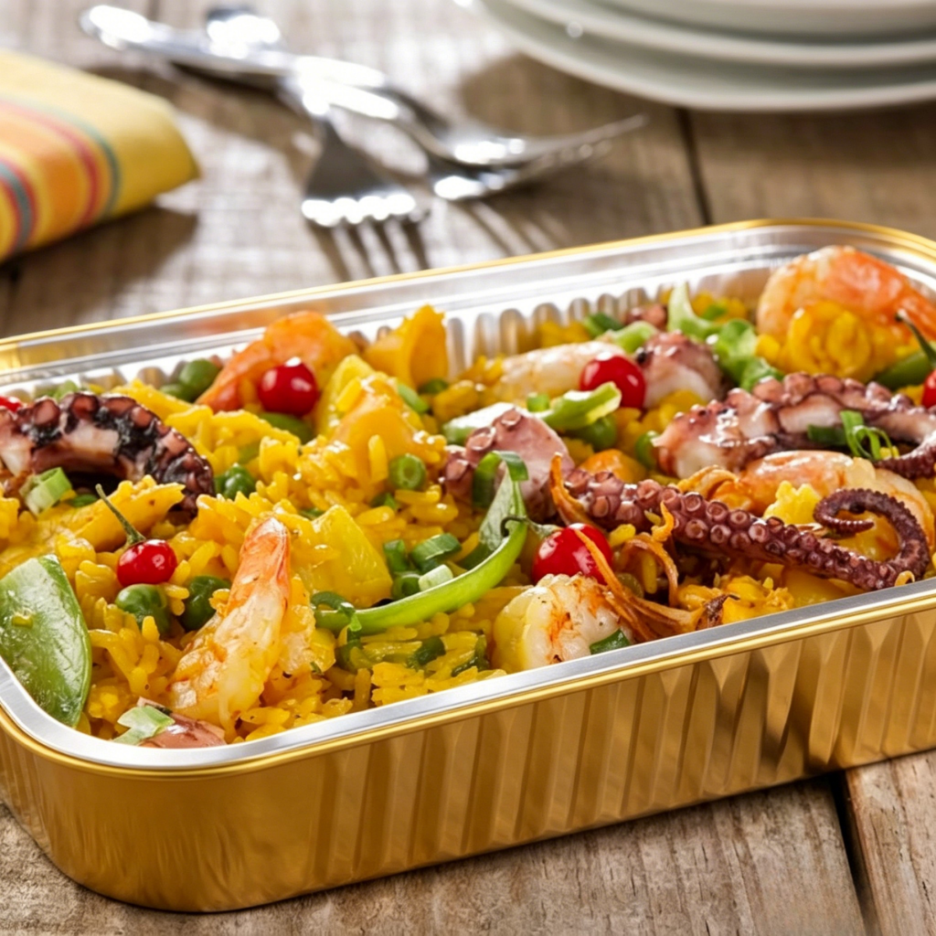High-capacity Foiltrust aluminum foil container served with paella for food delivery