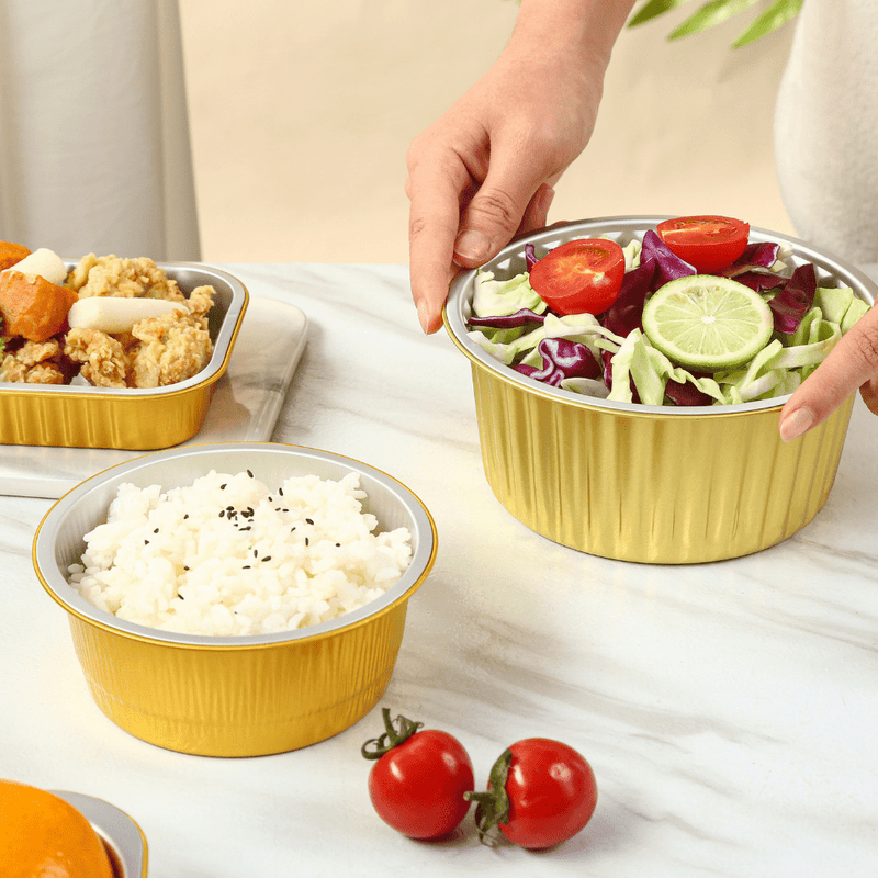 Foiltrust round aluminum foil containers for fresh healthy salad and meal prep