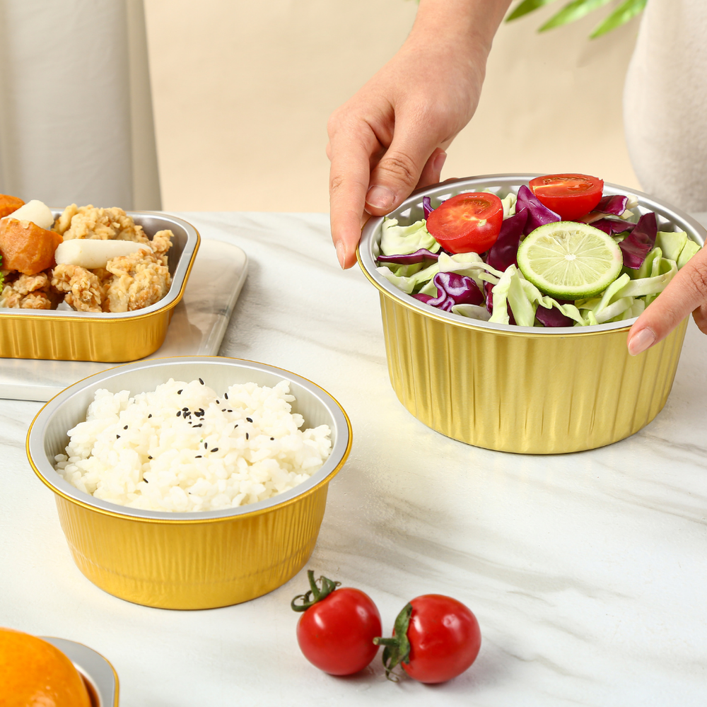 Foiltrust round aluminum foil containers for fresh healthy salad and meal prep